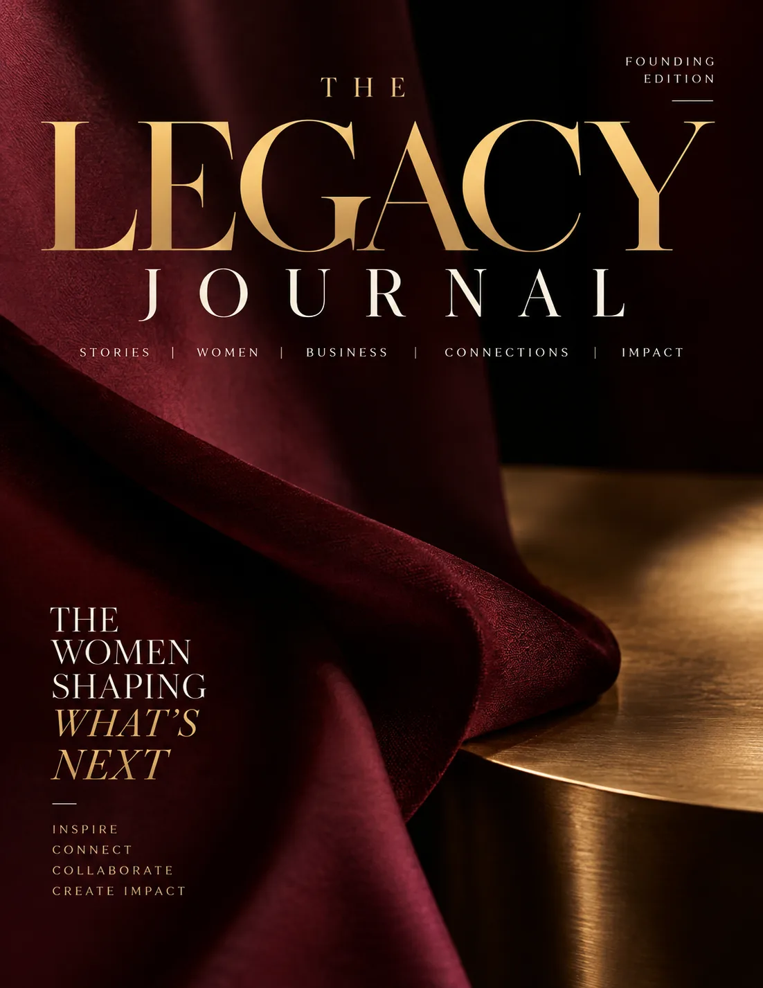 The Legacy Journal founding edition cover: a gold masthead over deep burgundy velvet and a brushed-gold surface, with the cover line The Women Shaping What’s Next.