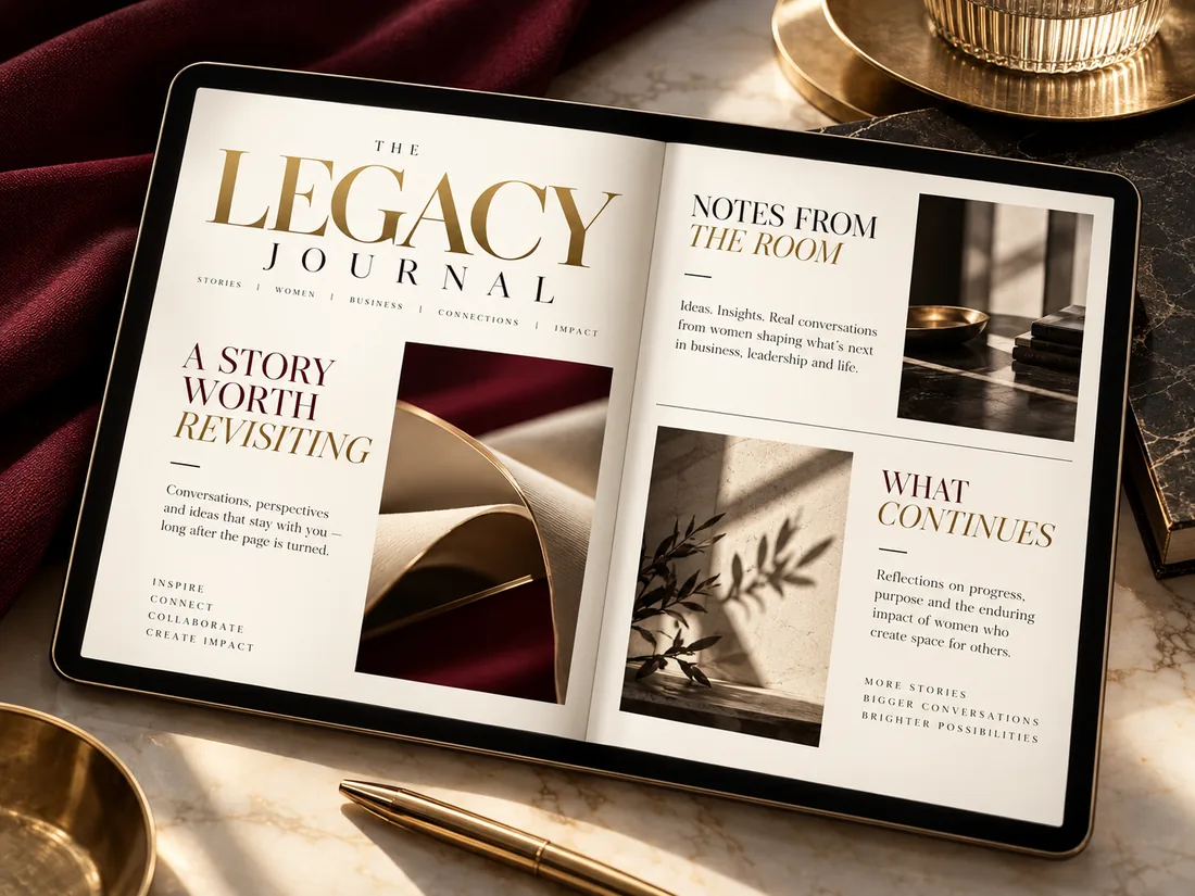 Concept preview of an inside spread of The Legacy Journal on a tablet, with sections titled A Story Worth Revisiting, Notes from the Room, and What Continues.