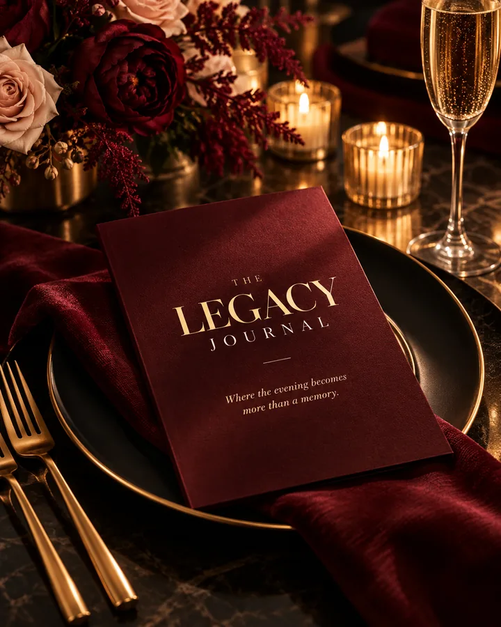 A burgundy copy of The Legacy Journal resting on a black plate beside gold flatware, candlelight, and roses at a dinner table.